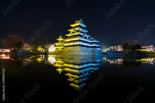 ウクライナカラーに染まる松本城(横構図)