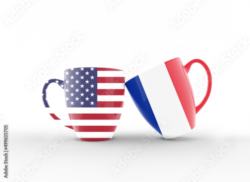 American and French Flags On Coffee Mugs and Celebrating