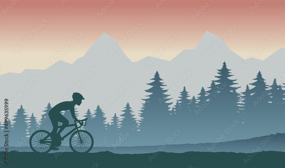 Silhouette of activities of people exercising with bike pass the forest Silhouette of activities of people exercising with bike pass the forest