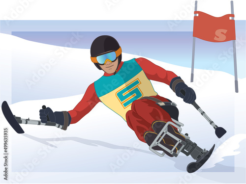 para sports paralympic alpine skiing, physical disabled male skier sitting in specialized mono-ski downhill on snow with flag and sky in background