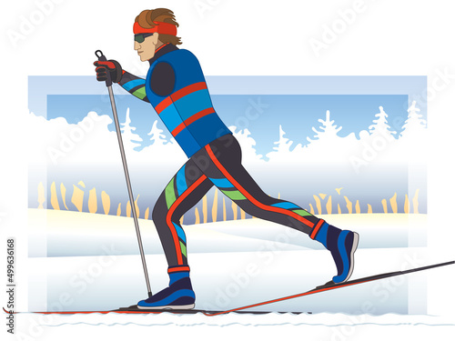 para sports paralympic cross-country skiing, physical disabled male skier skiing on tracks in snow with trees in background