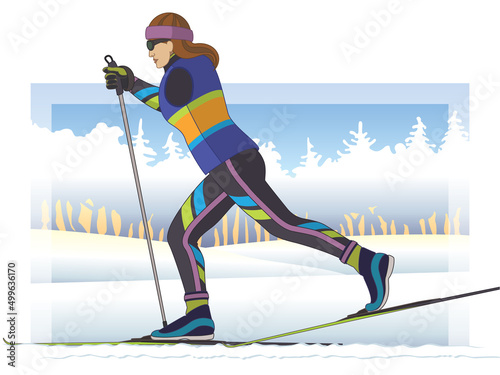 para sports paralympic cross-country skiing, physical disabled female skier skiing on tracks in snow with trees in background