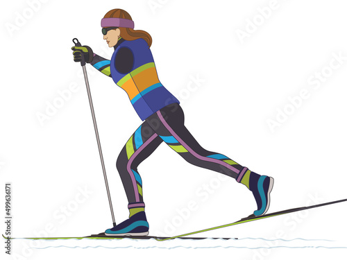 para sports paralympic cross-country skiing, physical disabled female skier skiing on tracks in snow isolated on a white background