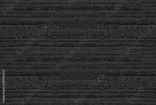 Black knotty wooden planks top view. Shabby vintage wood pattern texture. Horizontal knotted boards dark grunge background