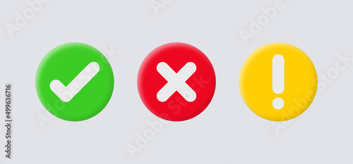 3d checkmark icon button with 3d exclamation mark icon correct incorrect and warning attention sign or check mark box frame with green tick and red cross symbols - yes or no 3d icons buttons 