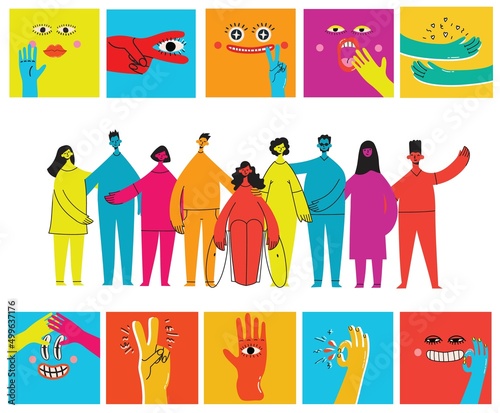 Flat illustration of a group containing inclusive and diversified people all together without any difference.