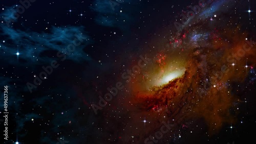 Space flight slowly moving through universe among planets galaxies stars and nebulae