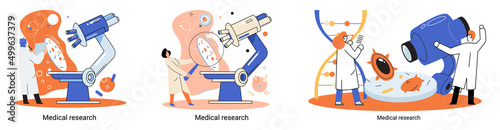 Medical research metaphor. Laboratory diagnostic services, Scientists work equipment and microscope. Virologists chemistry clinic laboratories, microbiology pharmaceutical research. Vaccine discovery