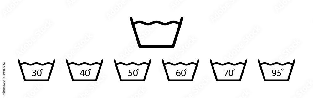 Wash degree icons. Wash temperature degree from 30 to 95. 30, 40, 50, 60, 70, 90 and 95 degrees for washing clothes. Laundry symbols isolated on white background. Vector - obrazy, fototapety, plakaty 