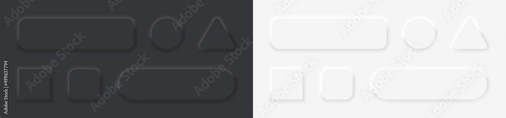 3d neumorph buttons. Black and white circle, square, triangle neumorph buttons with shadow. Set of badges for ui isolated on white and black background. Icons for modern web design. Vector 3d neumorph buttons. Black and white circle, square, triangle neumorph buttons with shadow. Set of badges for ui isolated on white and black background. Icons for modern web design. Vector