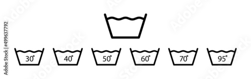 Wash degree icons. Wash temperature degree from 30 to 95. 30, 40, 50, 60, 70, 90 and 95 degrees for washing clothes. Laundry symbols isolated on white background. Vector