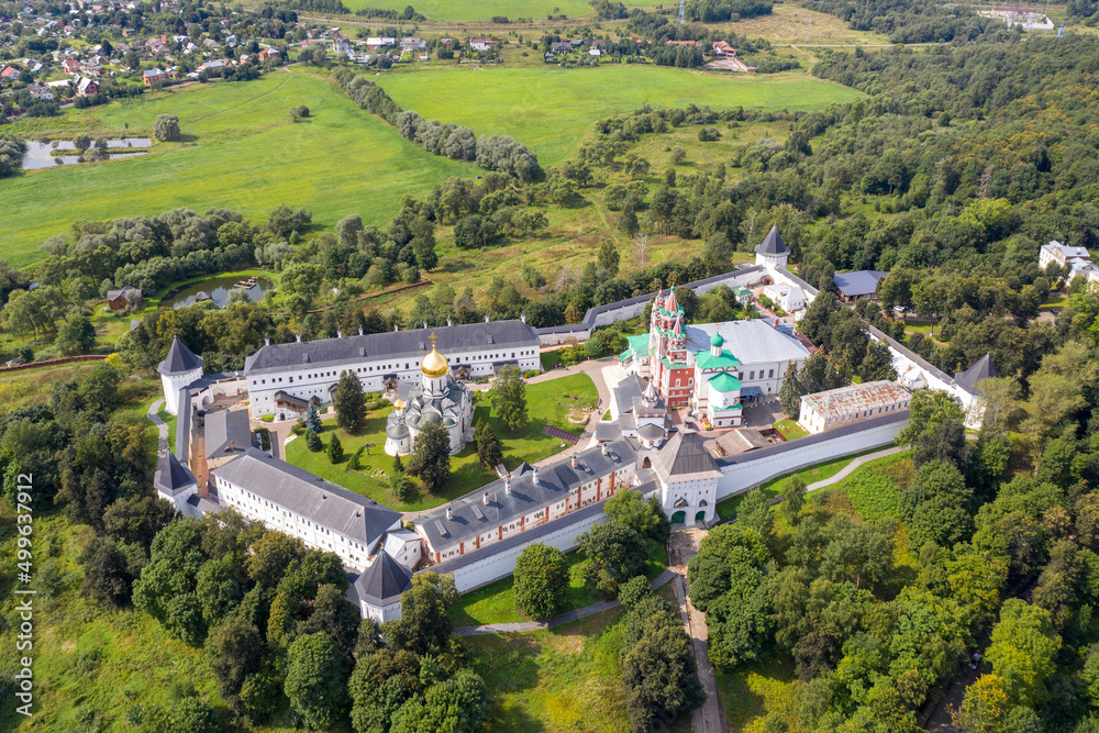 Drone view of Savvino-Storozhevsky Monastery on sunny summer day. Zvenigorod, Moscow Oblast, Russia.