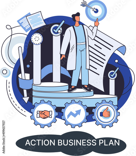 Action business plan, development strategies, foreseeing market risks. Company success secret, idea growing business achieve target metaphor, study production and sales market. Strategic biz planning