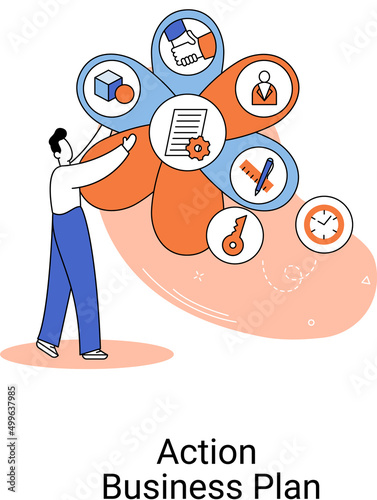 Action business plan, development strategies, foreseeing market risks. Company success secret, idea growing business achieve target metaphor, study production and sales market. Strategic biz planning