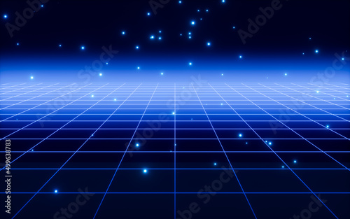 Neon grid and glowing particles, 3d rendering.