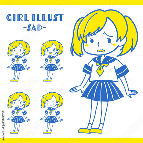 表情豊かな女子学生のイラストセット　悲しい・泣き顔　青系