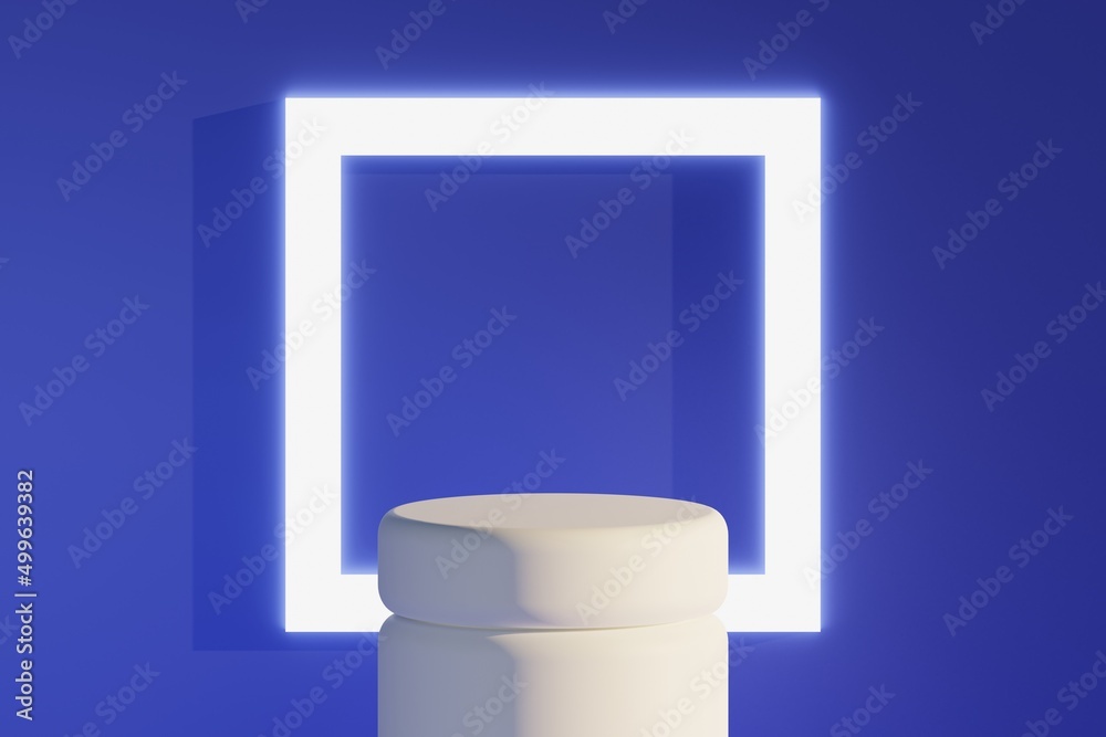 Geometric minimal blue background with podium for cosmetics and cube architectural element 3d illustration