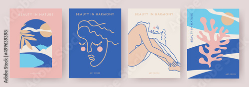 Poster set in modern art style. Concept of beauty in harmony and nature. Minimalist trendy illustration of female figure, portrait of beautiful girl, abstract nature scene. Wall art, print, cover, ads photo