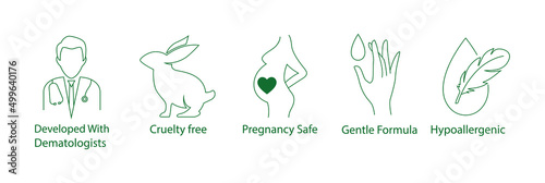 Stretch Mark Prevention Cream packaging icon set developed with dermatologist, pregnancy-safe, cruelty-free, gentle formula, hypoallergenic 