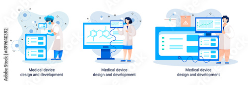Medical device design and development metaphor with scientist develop research appliance, equipment and experiment. Laboratory diagnostic service chemistry clinic laboratories, pharmaceutical research