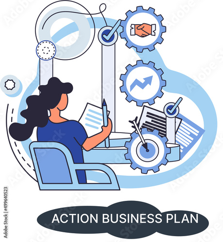 Action business plan, development strategies, foreseeing market risks. Company success secret, idea growing business achieve target metaphor, study production and sales market. Strategic biz planning