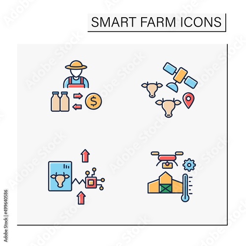 Smart farm color icons set. Digital technologies in agriculture. Sell dairy products. Monitoring plants and domestic animals by drones. Business concept. Isolated vector illustrations