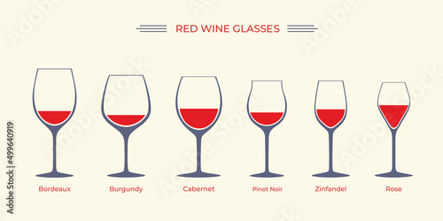
Wine glasses range shape guide set. Color wine glasses silhouettes flat vector illustration. Table setting. Alcohol. Sommelier. Isolated glassware collection. Burgundy. Bordeaux. Rose. Cabernet. 