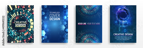 Modern cover design using tech elements and data visualization. Futuristic layout for presentation, poster, leaflet, annual report, a4 size. Abstract vector template in hi-tech style.