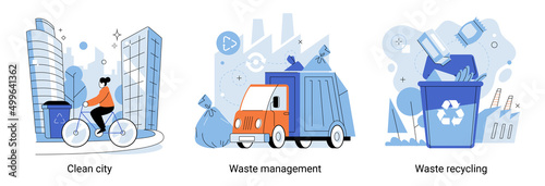 Ecology clean city metaphor, waste management recycling, caring nature and environment. People sport lifestyle and urban technology. No car day, garbage sorting and processing. Reasonable consumption