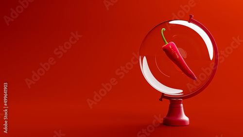 Red pepper in clear glass on a rotating platform. on red background, minimal idea concept. 3D Render.