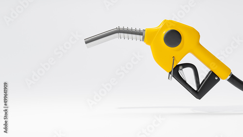 Yellow fuel nozzle for car on white background. Space for banner and logo, 3D Render. photo