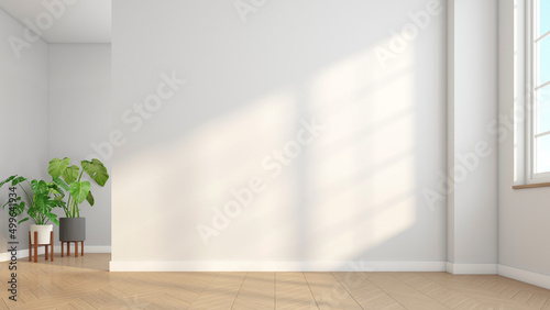 Fototapeta Naklejka Na Ścianę i Meble -  Minimalist empty room with white wall and wooden floor and indoor green plants. 3d rendering