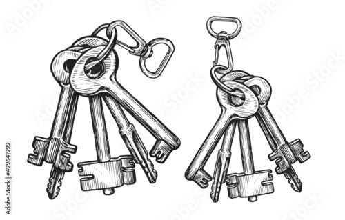 Bunch of keys in sketch style. Vintage vector illustration