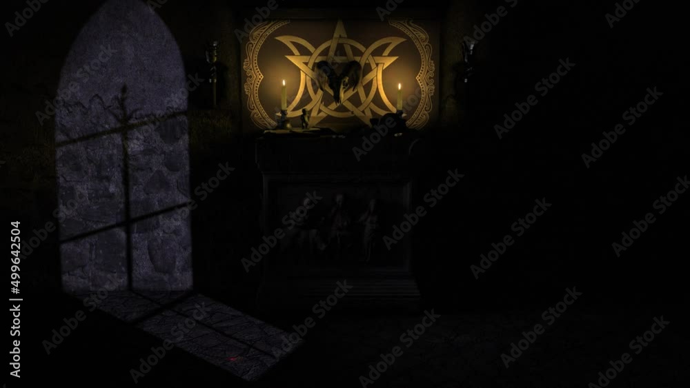 Moonlit 3D CGI reveal shot of a dark chapel with Satanic Pagan style ...
