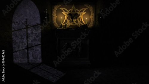 Moonlit CGI reveal shot of a dark chapel with a Satanic Pagan style ancient stone altar, grimoire, bleeding bowl, mystical objects and an eerie blue pentacle magically appearing on the stone floor photo