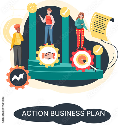 Action business plan, development strategies, foreseeing market risks. Company success secret, idea growing business achieve target metaphor, study production and sales market. Strategic biz planning