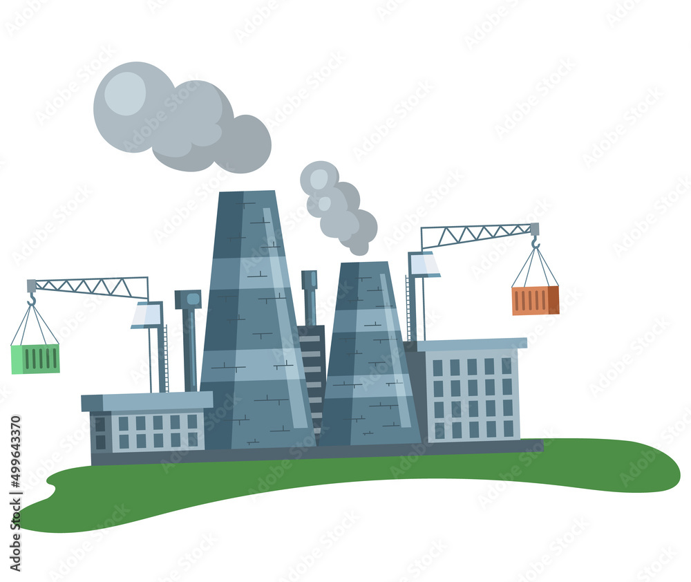 Factory with smoking pipes processing plant, cement enterprise. Industrial pollution concept. Climate change. Plant, harmful for environment production. Smoke factory damages ecology of planet