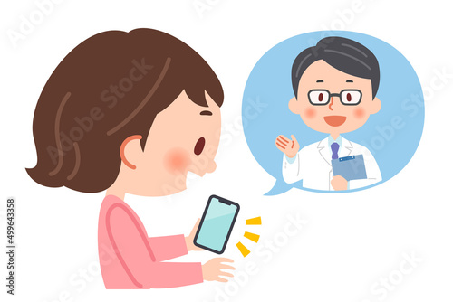 スマホでリモート診療をする医師の男性と患者の女性のイラスト