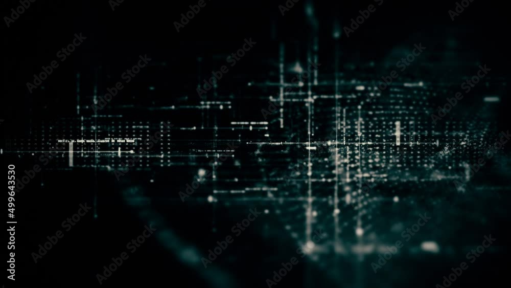 Futuristic abstract de-focus flowing data matrix, metaverse, telemetry and encrypt numbers display with particles simulation in cyber space environment for head up display loop background Futuristic abstract de-focus flowing data matrix, metaverse, telemetry and encrypt numbers display with particles simulation in cyber space environment for head up display loop background