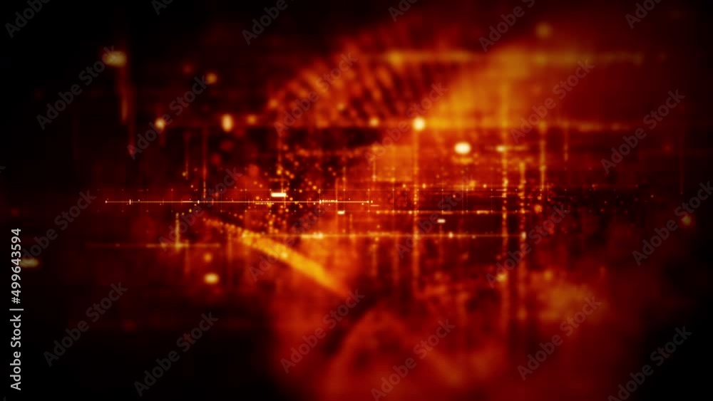 Futuristic abstract de-focus flowing data matrix, metaverse, telemetry and encrypt numbers display with particles simulation in cyber space environment for head up display loop background