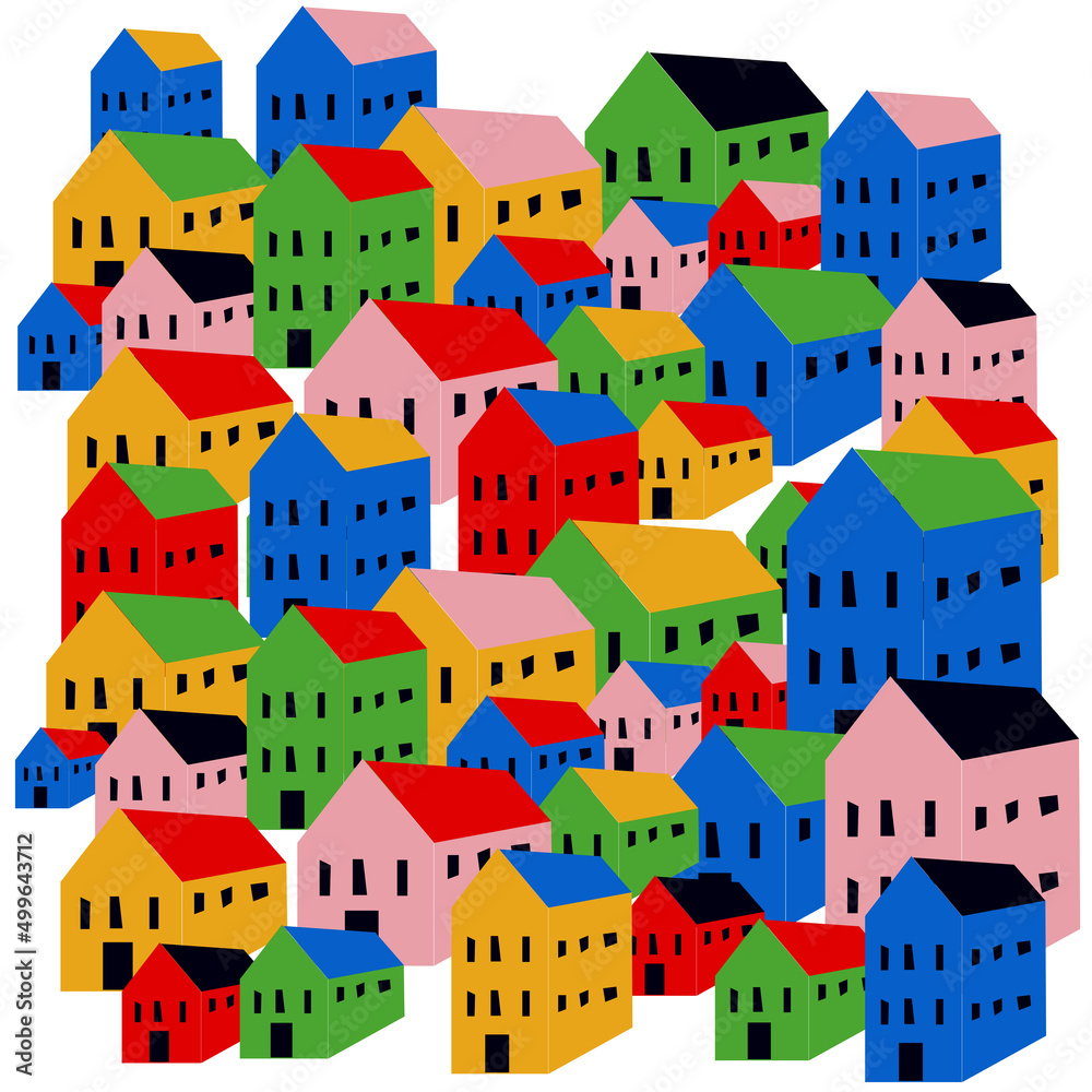 Cute little town with colorful houses flat vector illustration. Village houses collection.
