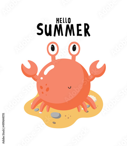  Cute Crab on the Beach. Vector illustration in cartoon style. For card, posters, banners, books, printing on the pack, printing on clothes, fabric, wallpaper, textile or dishes.