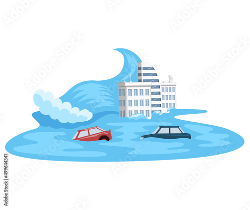 Melting glaciers, global warming, sea level rose and flooded cities, cars and tall houses sink in water stream, ecological catastrophy. Saving Earth and environmental care. Destruction of planet