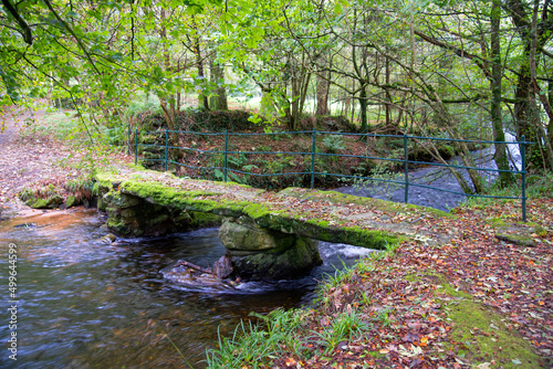 Henon Bridge, a clapper bridge over the river Camel near St Breward in northern Cornwall UK. photo