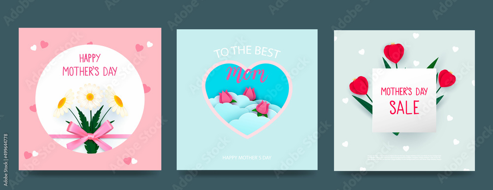 Set of Mother s Day cards with hearts and spring flowers in pastel colors. Heart shaped vector love symbols for Mother s Day greeting card design.