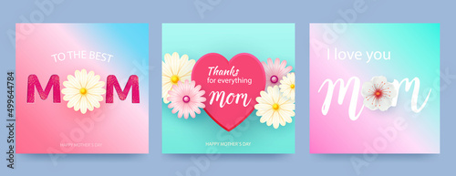 Set of Mother s Day cards with hearts and spring flowers in pastel colors. Heart shaped vector love symbols for Mother s Day greeting card design. Vector