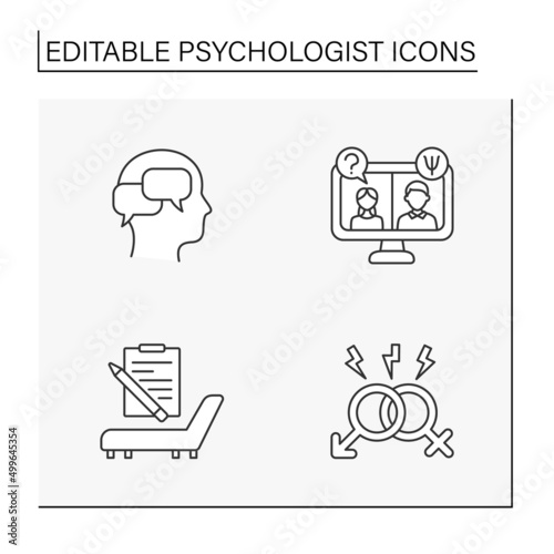 Psychologist line icons set. Consultation with doctor. Psychotherapy about mental problems. Mental health concepts. Isolated vector illustrations. Editable stroke