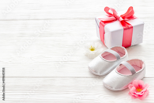 Baby girl pink shoes with gift box. Baby shower party set