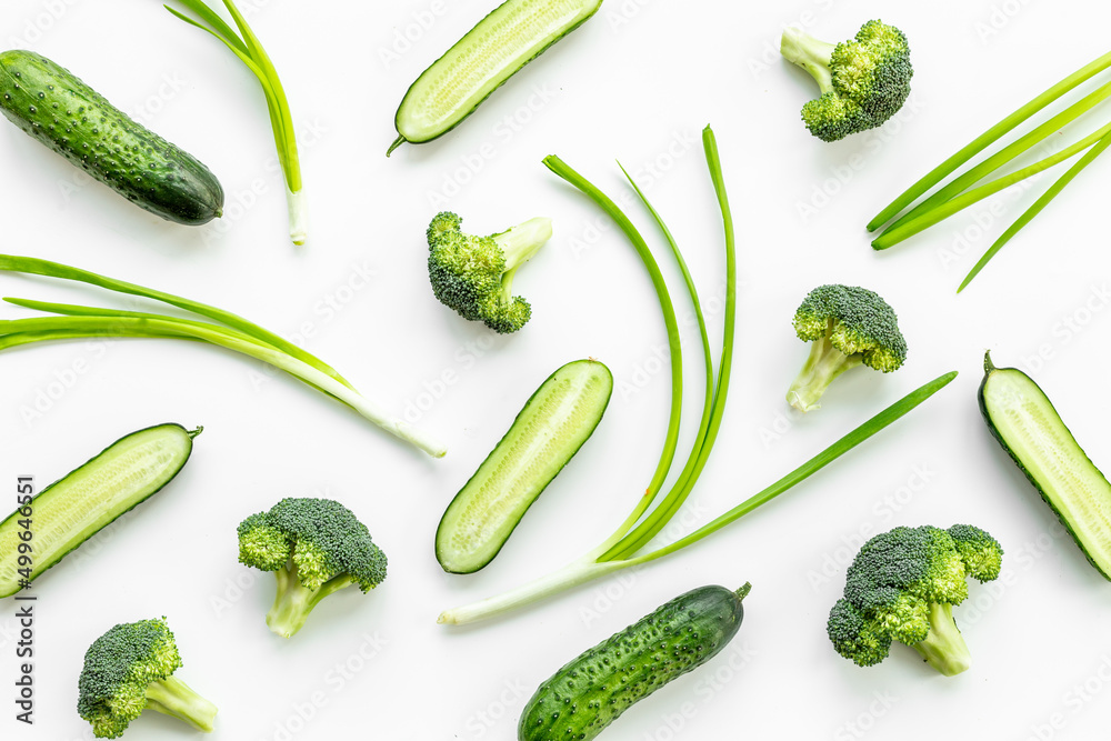 Green broccoli and cucumber pattern. Food background Stock Photo
