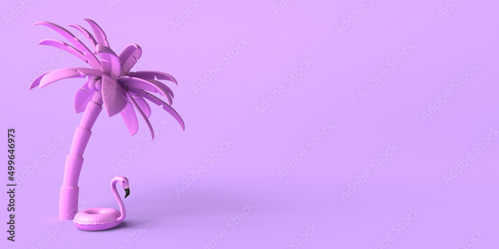 Summer vacation concept with flamingo float and palm tree. Copy space. 3D illustration. Summer vacation concept with flamingo float and palm tree. Copy space. 3D illustration.